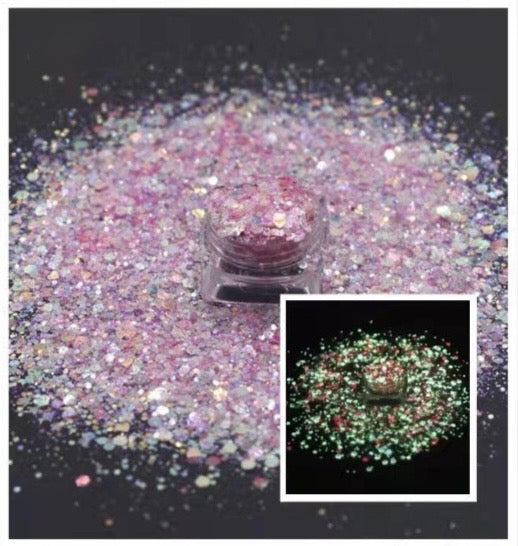 Electric Blush-Light Pink Iridescent Glow with Hearts & Star Shapes mixed in