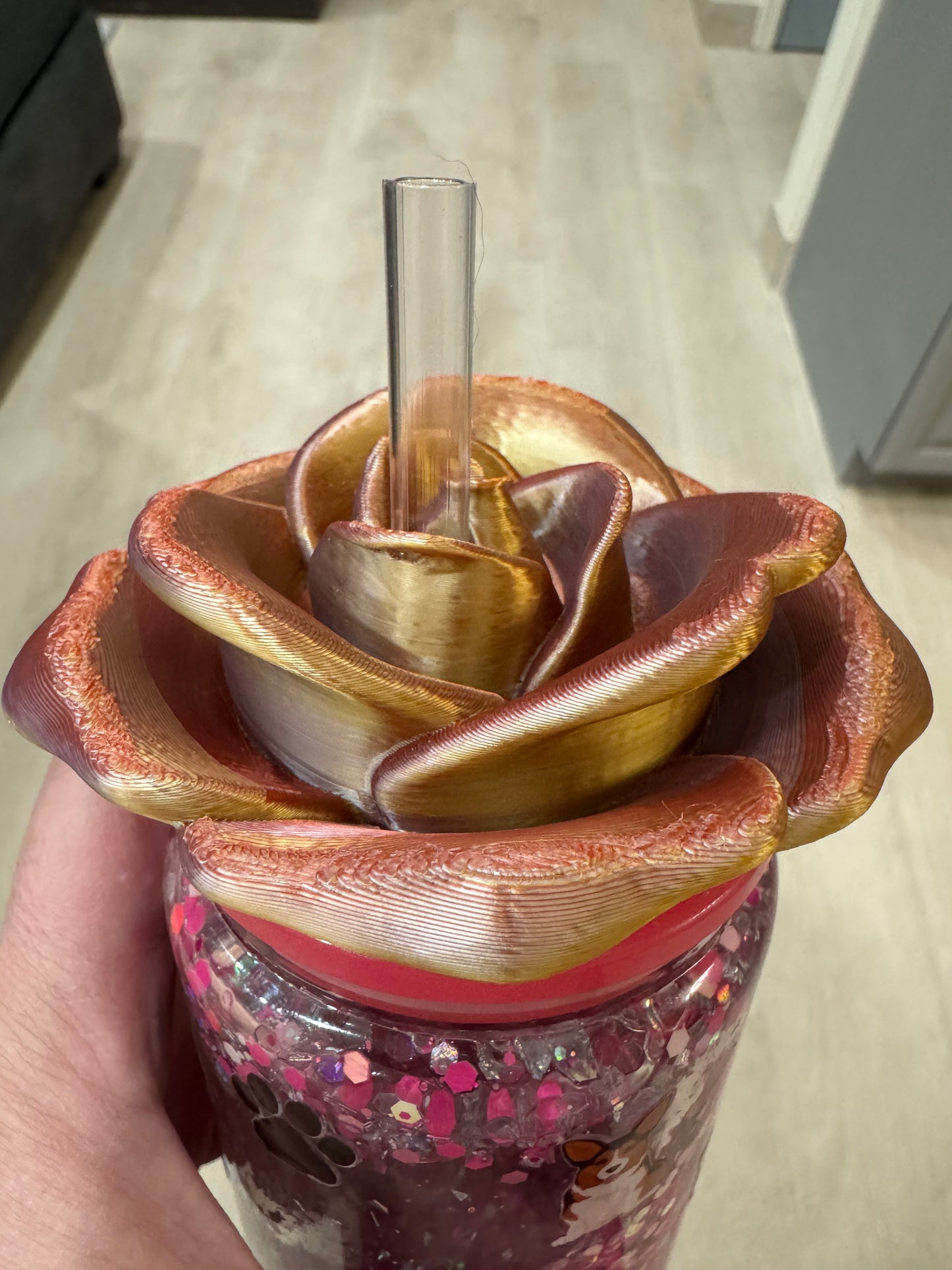 Tri Color Rose Can Cup Lid Topper-Rose, Gold, Silver
