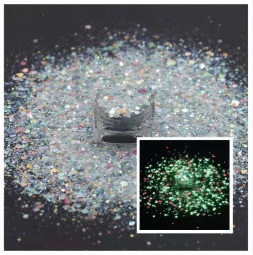 Frostbite- Light Blue Iridescent Glow with Hearts & Star Shapes mixed in